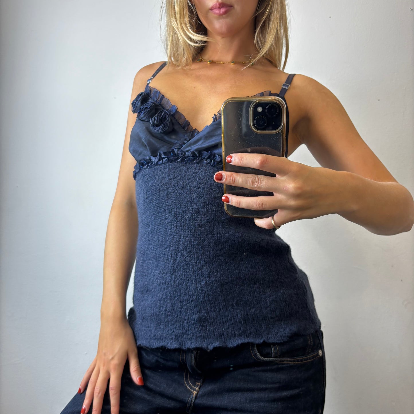blue knit cami top