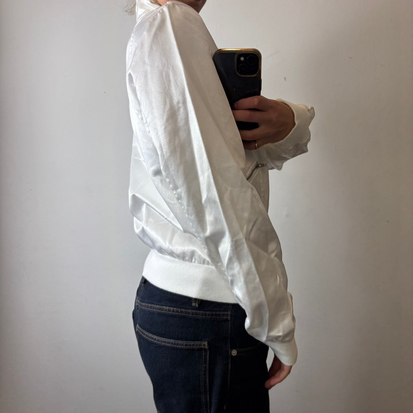 white zip up bomber