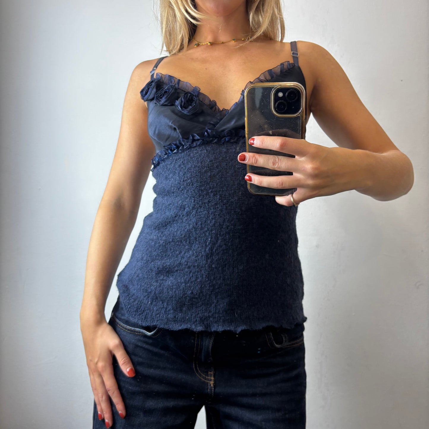 blue knit cami top