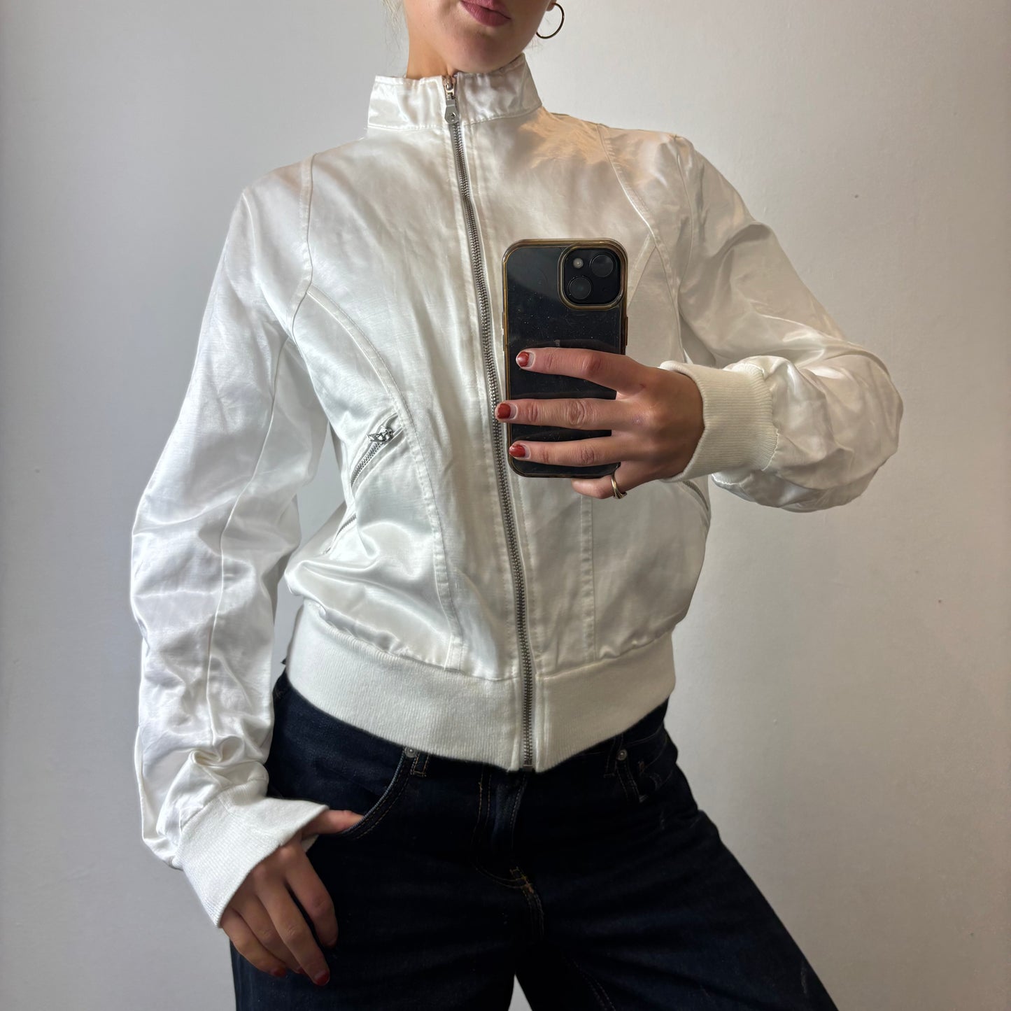 white zip up bomber