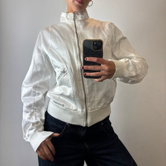 white zip up bomber