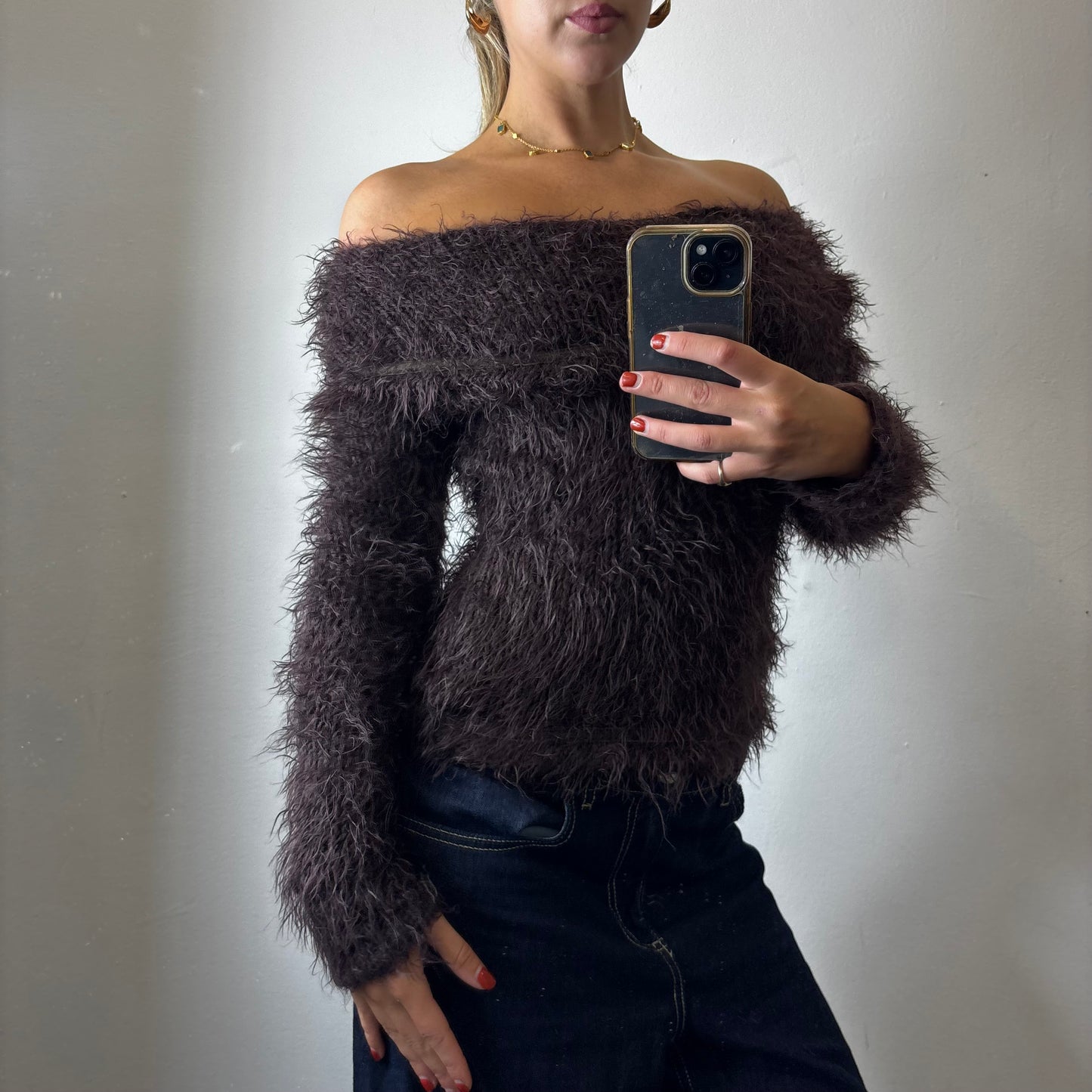 fluffy off the shoulder jumper