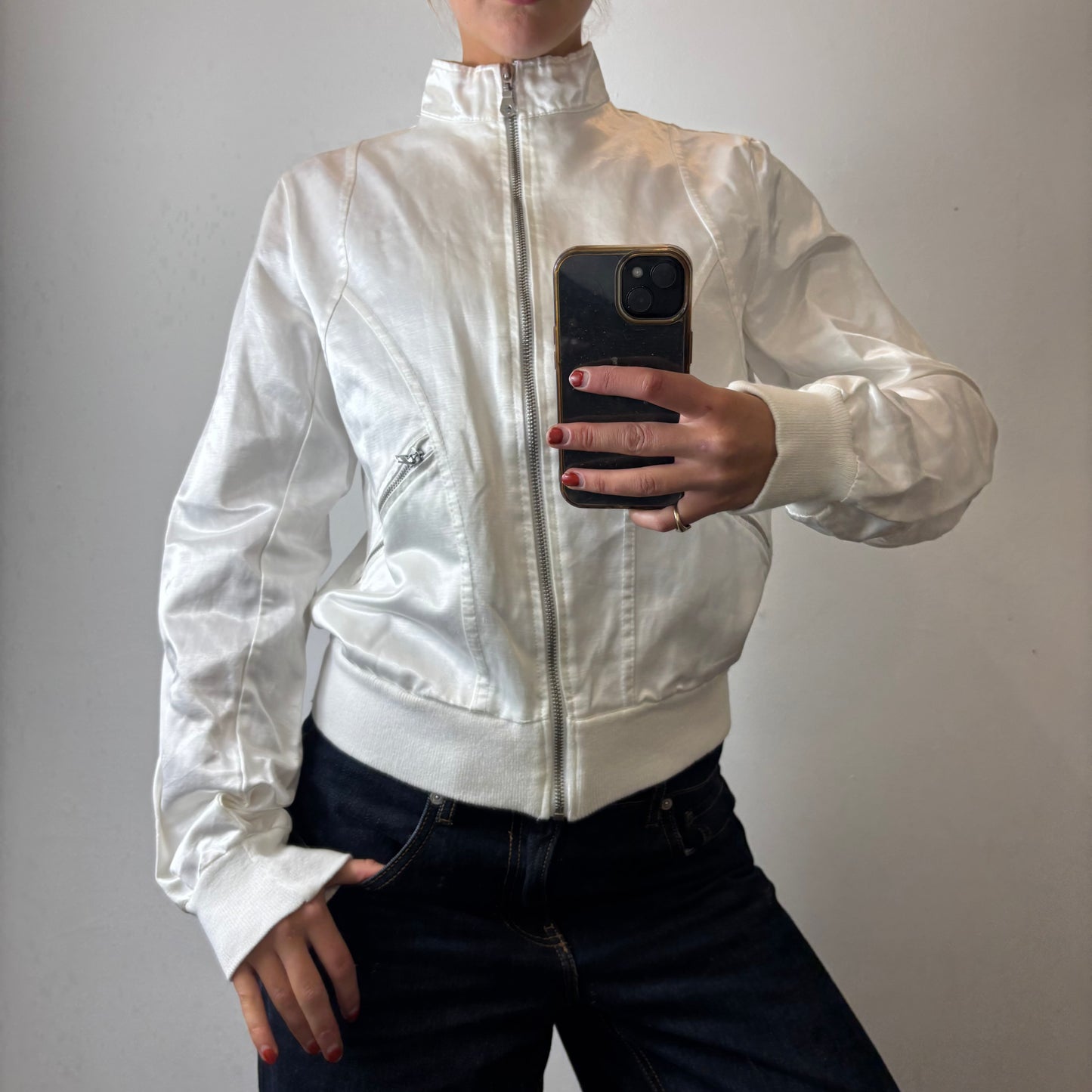white zip up bomber
