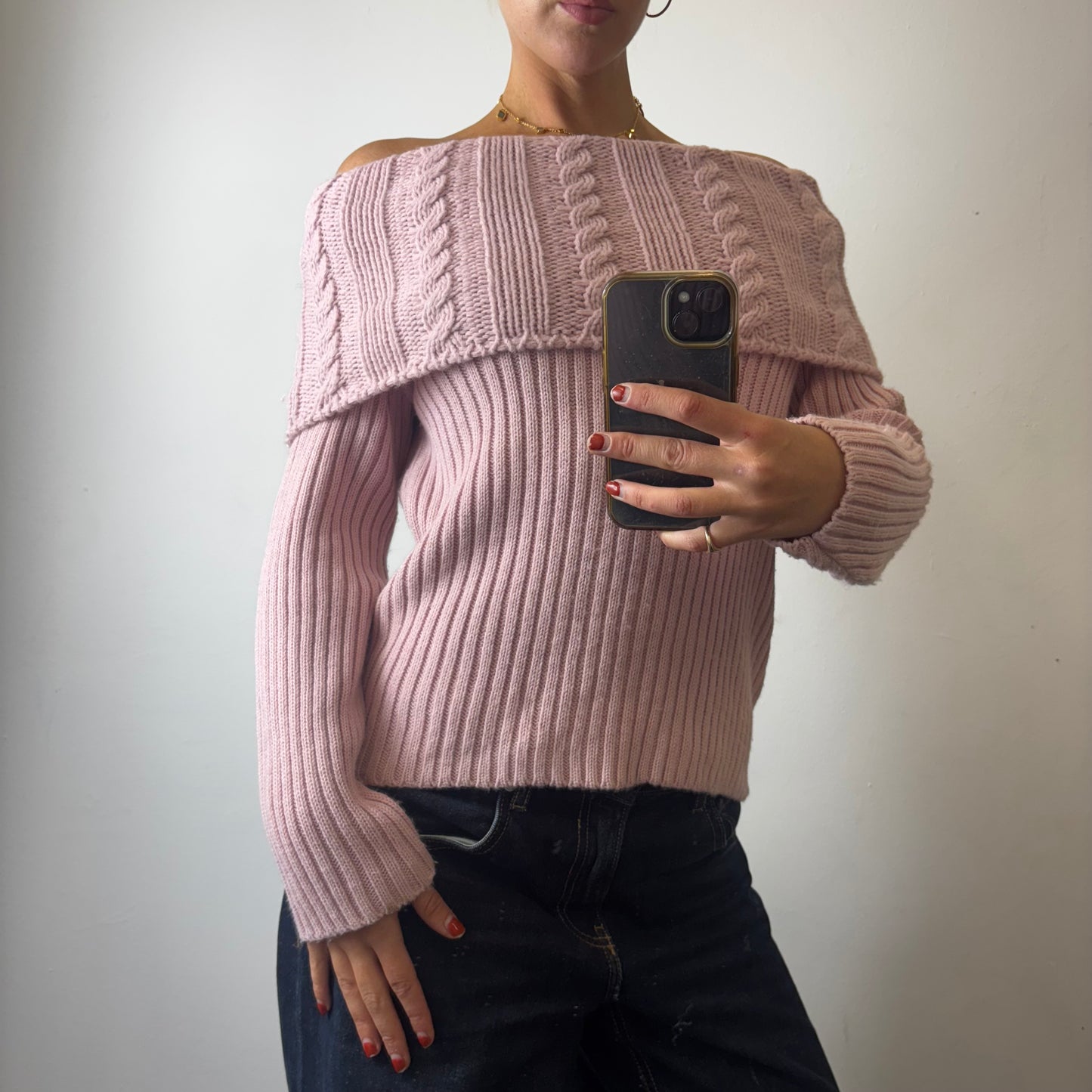 pink off the shoulder knit jumper