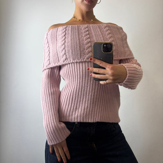 pink off the shoulder knit jumper