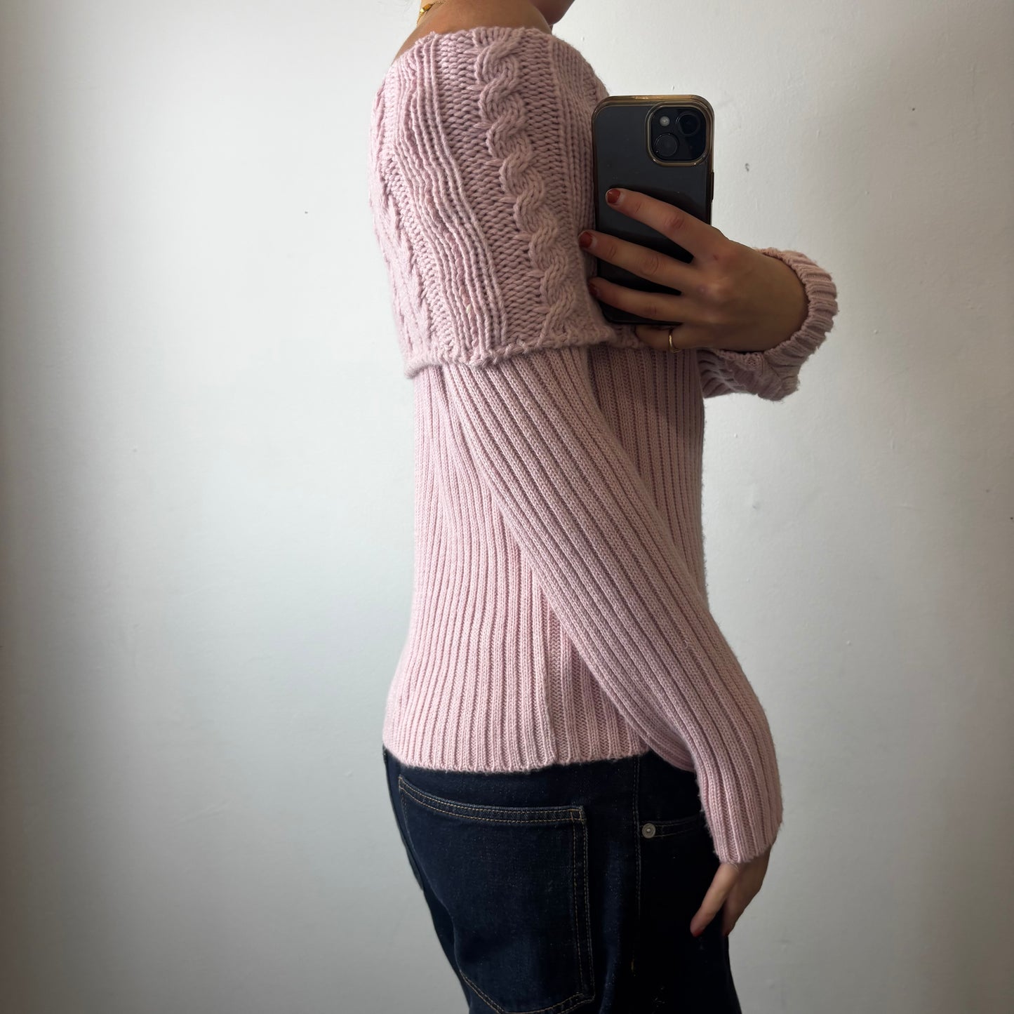 pink off the shoulder knit jumper