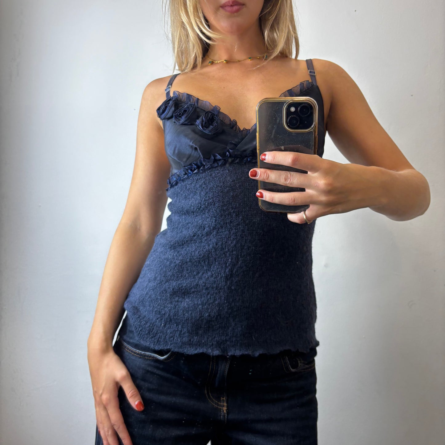 blue knit cami top